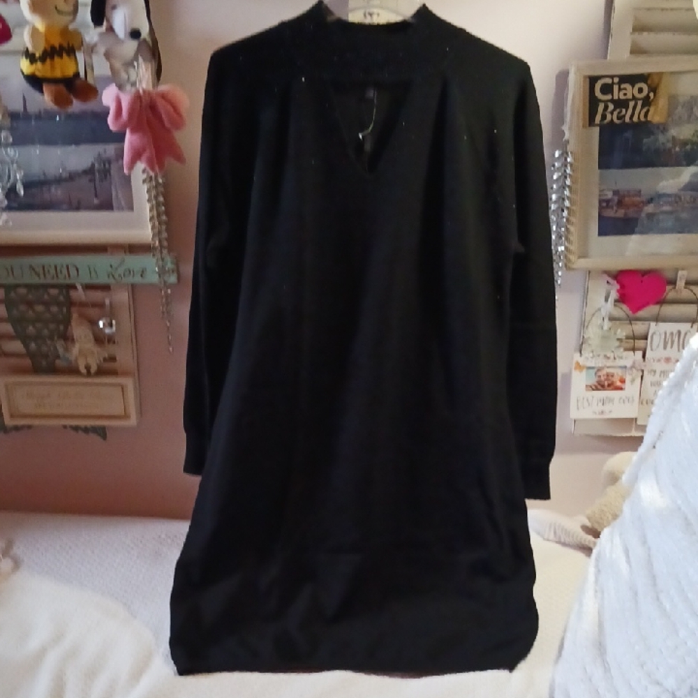 Cable & Gauge Black Long Sleeve V-Neck Detail Design Tunic Dress Bead Accents L